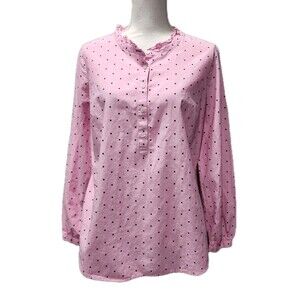 TALBOTS Pink Black Polka Dot 100% Cotton Ruffle Neck 1/2 Button Blouse Medium